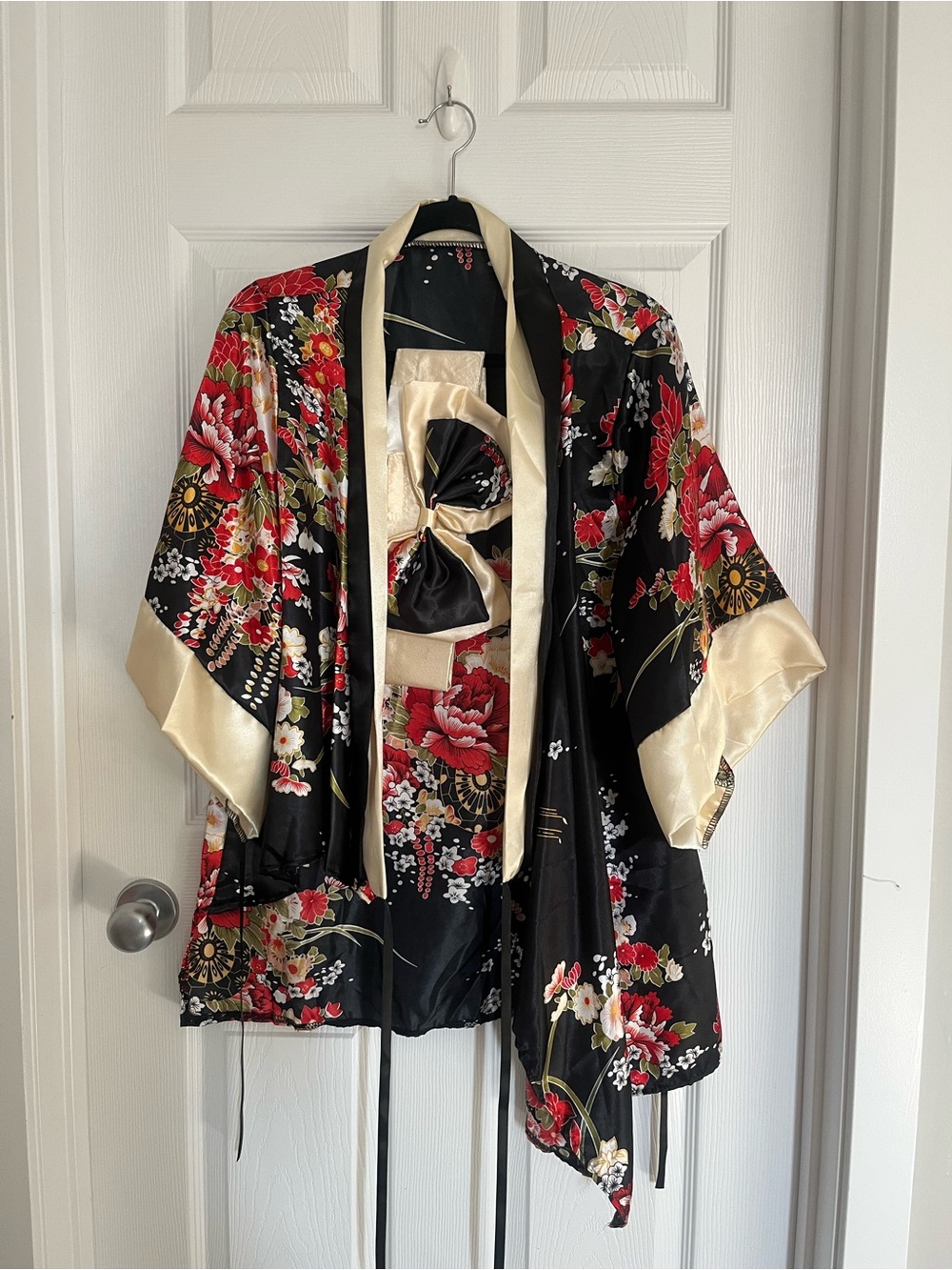 Black and red Floral Satin Kimono Robe with Cream Trim